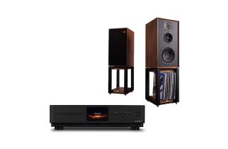 Audiolab Omnia Amplifier & CD Streaming System with Wharfedale Linton Heritage Standmount Speakers with Matching Stands	