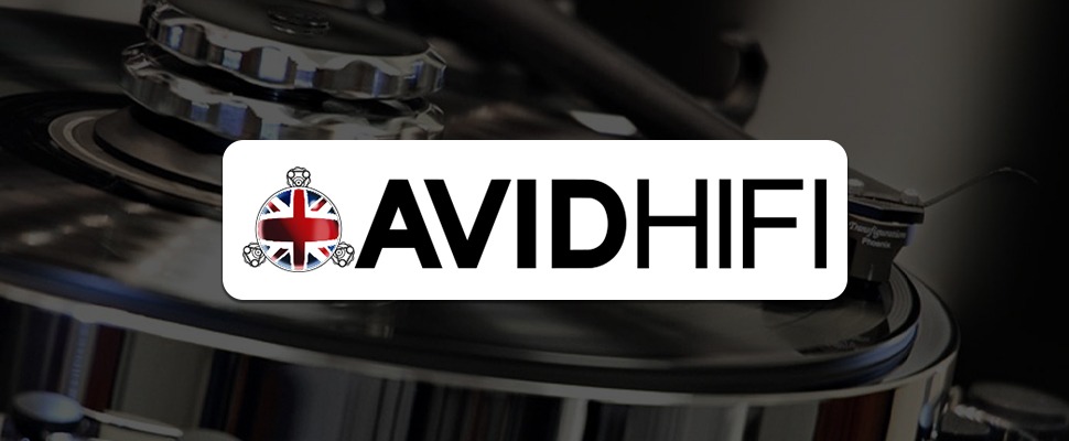 Close-up of a spinning record on a turntable with a stylus, set against a dark background. The AVIDHIFI logo appears on the right, featuring a British flag emblem.