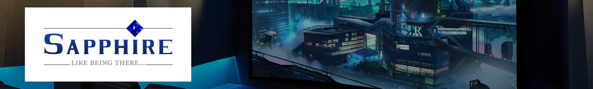 Logo with 'Sapphire' and diamond icon on white background beside a futuristic cityscape on a computer screen, emitting a cyberpunk vibe.