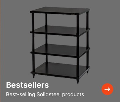 Black four-tier shelving unit with a modern design on a grey background. Text reads 'Bestsellers' and 'Best-selling Solidsteel products.' An arrow icon is on the bottom right.