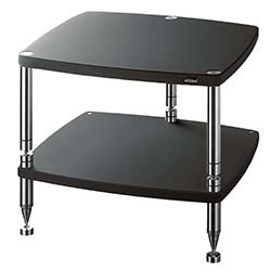 Two-tier black audio rack with sleek chrome legs. Smooth, minimalist design conveys modern elegance, ideal for organizing electronics or décor.