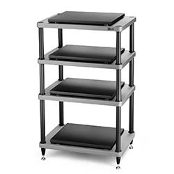 A four-tier metal shelving unit with black shelves. Each shelf holds a black rectangular item. The rack has a modern, industrial look.