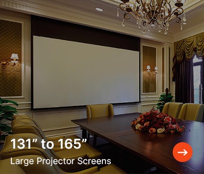 Elegant conference room featuring a large projector screen, wooden table with floral centerpiece, chandelier, and draped windows, conveying a professional tone.
