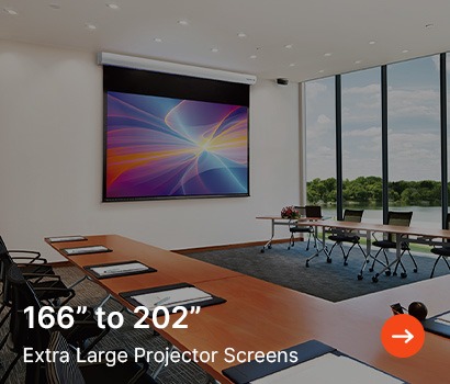 Bright conference room with a large, colourful projector screen on the wall, featuring modern tables, chairs, and floor-to-ceiling windows with a scenic view.