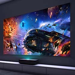 A vibrant space battle scene projected on a wall, featuring a large spaceship, smaller crafts, explosions, and colorful nebulae, conveying action and excitement.