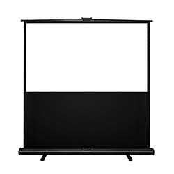 A portable projector screen with a black frame, extended upwards. The top half is white for projection, while the bottom half remains unexposed and black.