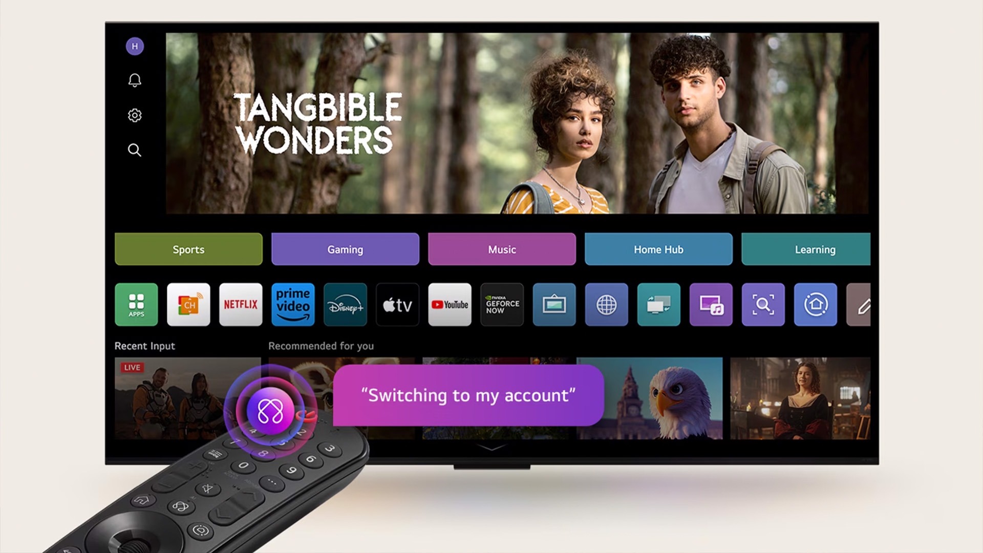 Smart TV interface displaying personalized profiles, streaming apps like Netflix, Prime Video, and Disney+, with a voice command "Switching to my account" shown above the remote, highlighting intuitive user switching and content organization.